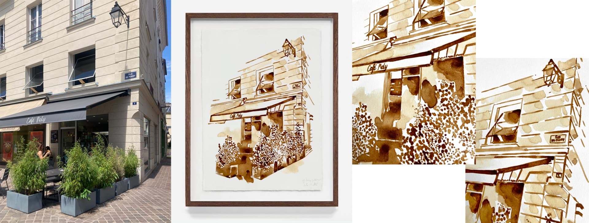 Illustration réalisée au café représentant une façade de café parisien