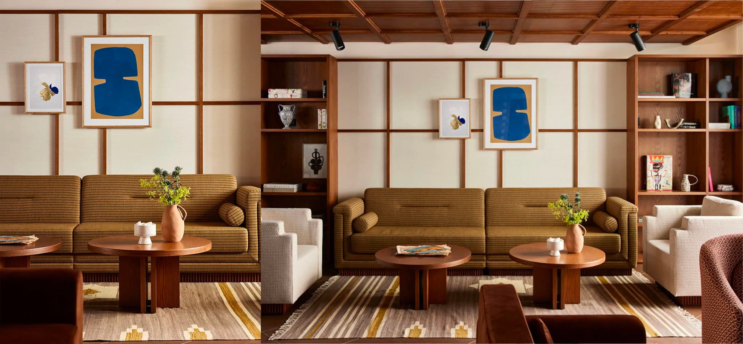 Collages contemporains exposés dans un intérieur élégant aux tons boisés