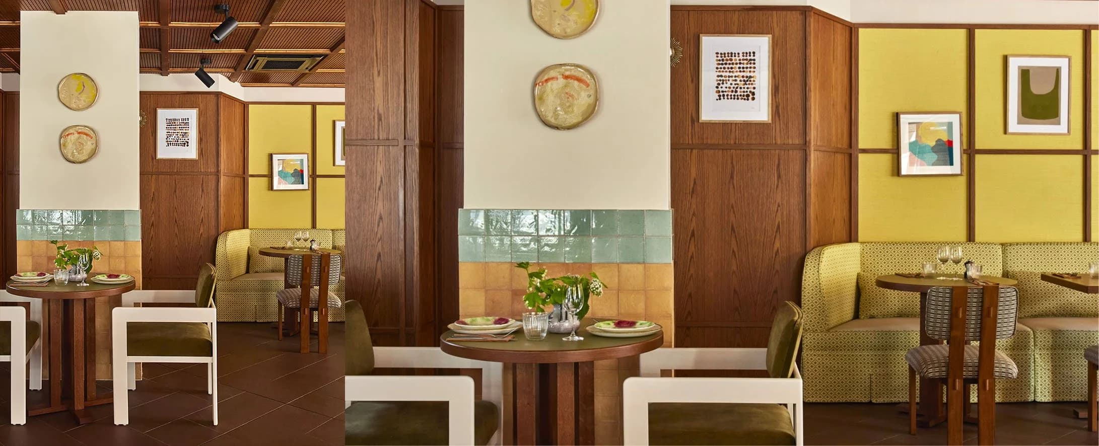 Œuvres contemporaines intégrées dans un restaurant aux tons boisés et chaleureux