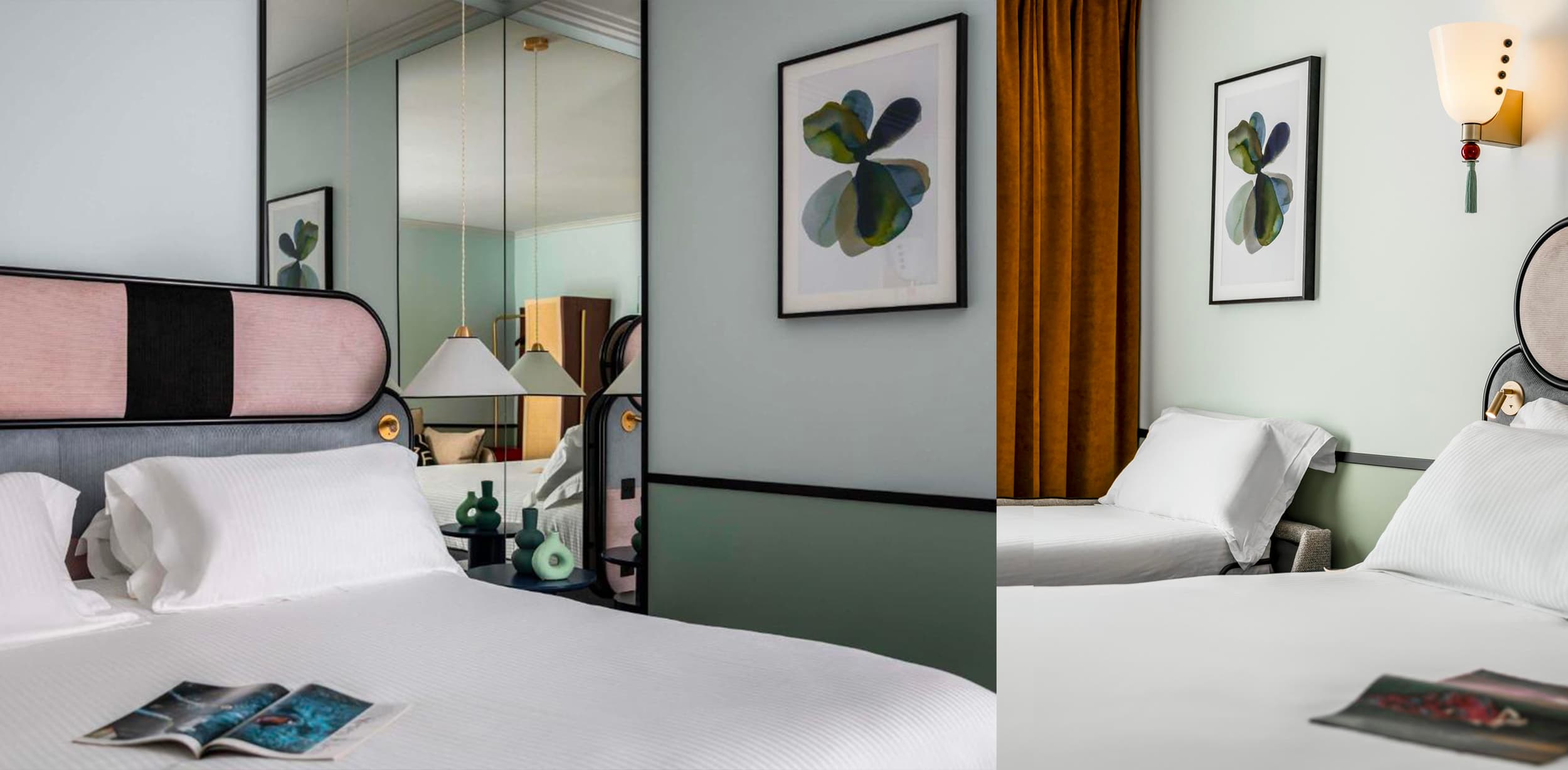 Collages contemporains sur mesure exposés dans une chambre au design raffiné