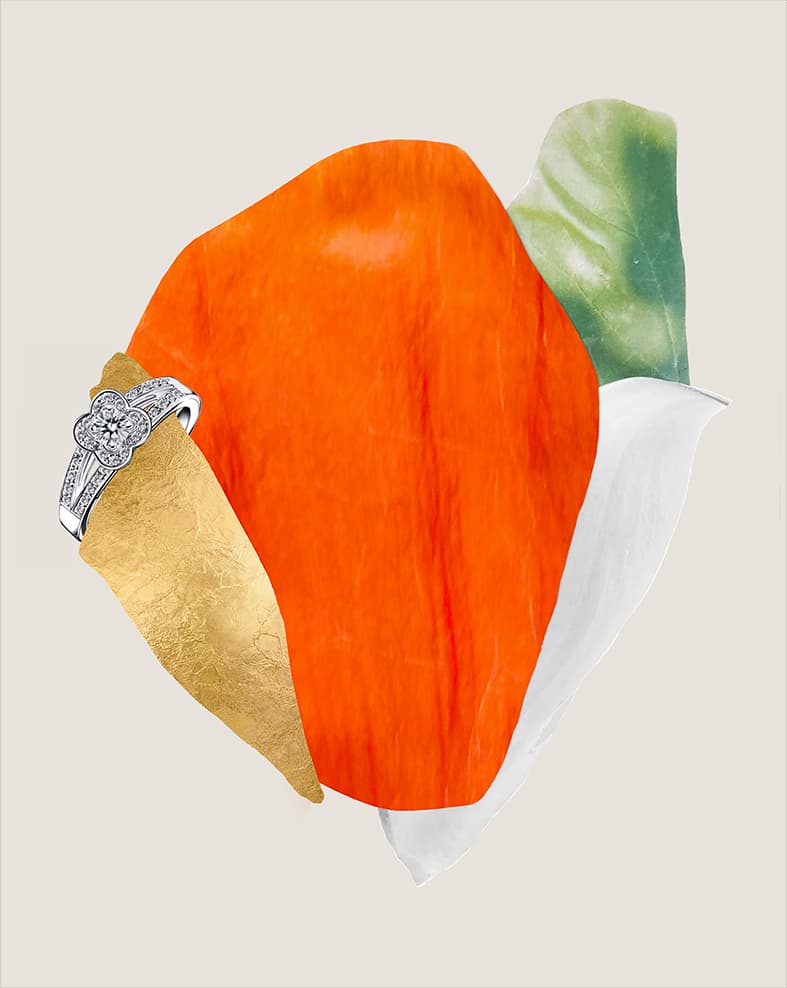 Collage contemporain coloré associé à une bague sertie en argent
