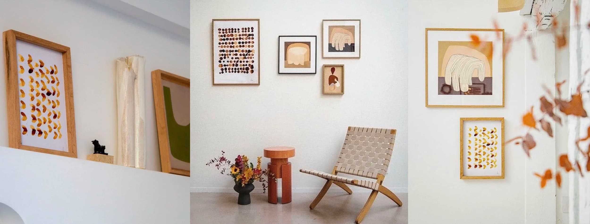 Œuvres contemporaines exposées dans un intérieur minimaliste aux tons naturels