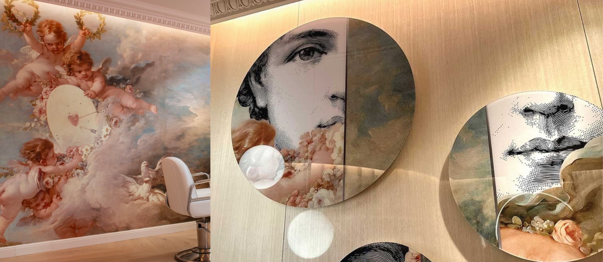 Décor immersif associant fresques classiques et créations graphiques contemporaines