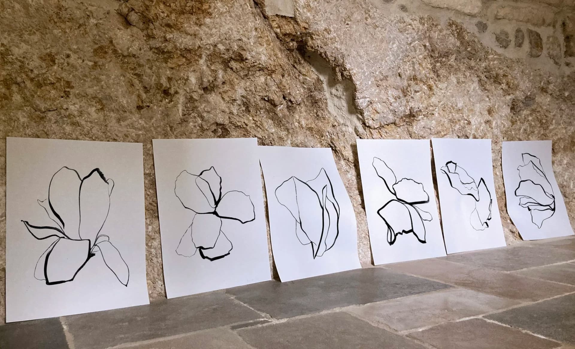 Série de dessins contemporains à l’encre noire représentant des formes florales abstraites sur papier blanc, exposée sur fond de pierre naturelle